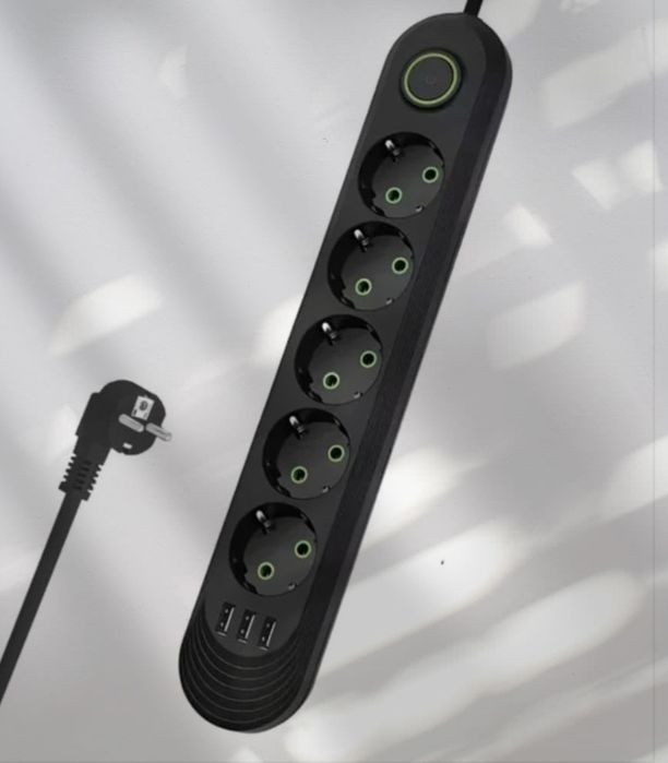 Priză Multiplă 5 Prize + 3 Porturi USB • Cablu 5 m • Negru