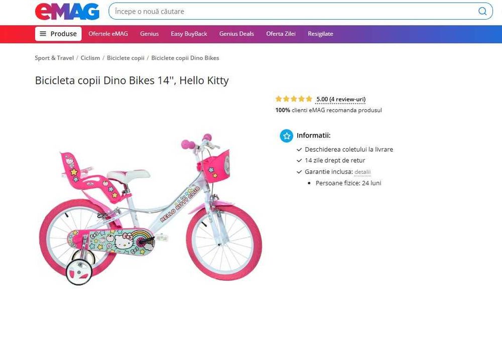 Bicicleta copii Dino Bikes 14'', Hello Kitty
