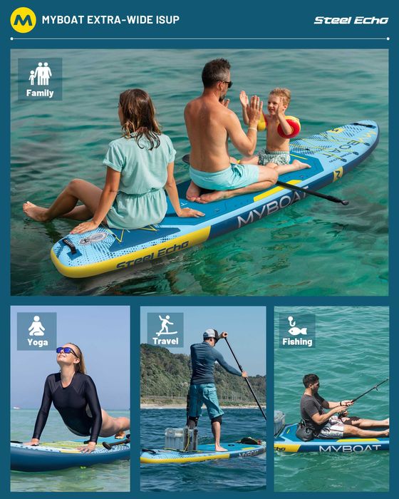 Нов, висок клас, 350 СМ широк надуваем падъл борд  all-round SUP MYBOAT MY21 за семейни разходки, начинаещи и спокойно гребане.