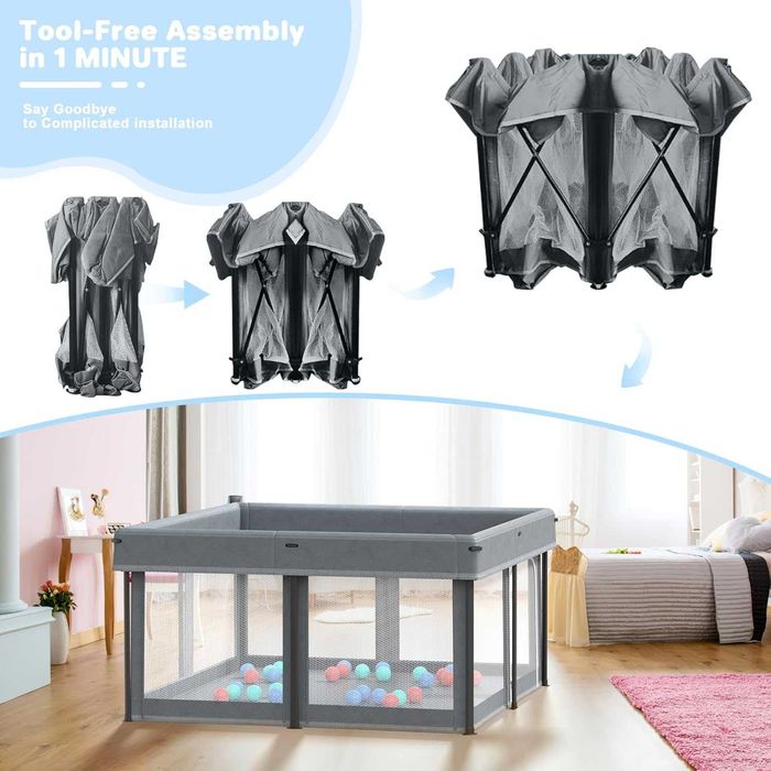 Сгъваема бебешка кошара 125x125 см с 30 броя океански топки