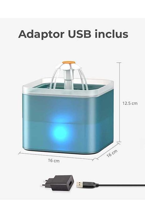 Fantana apă pisici 2L, LED, filtru carbon, USB, ultra-silențios, Verde