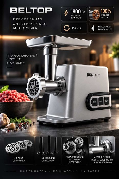 Мясорубка BELTOP, мощность 1800Вт, производительность 3кг/мин