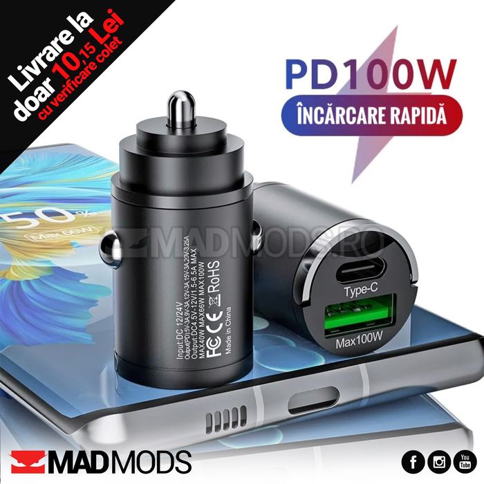 Incarcator auto mini slim Fast charge 100W, USB A si USB Tip C, Negru