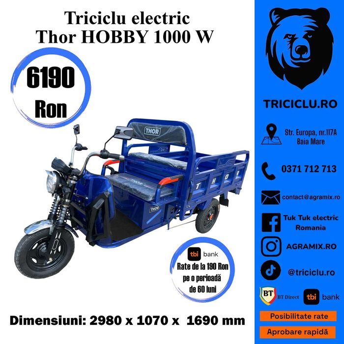 Thor Hobby cu cabina cu motor de 1000W Nou triciclu electric Agramix