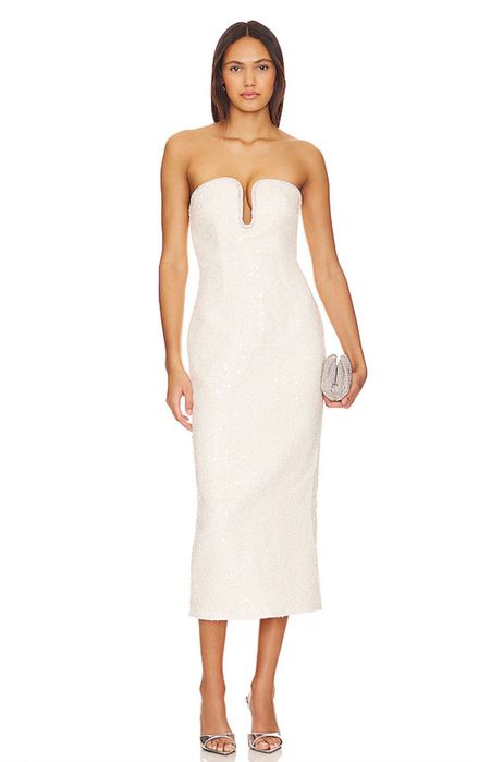 Self-Portrait Кремава рокля без презрамки с пайети и букле текстура