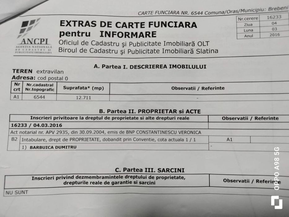 Teren Extravilan 12.711 mp – Drumul Principal DJ 546, Brebeni – Slatina | Preț negociabil