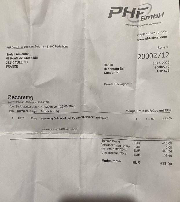Samsung Z Flip 5 5G 256GB 8GB RAM Black open box factura