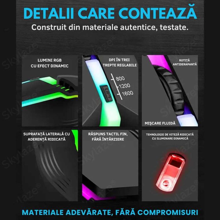 Mouse Gaming cu Fir Skylaze® X3 Upgrade, RGB, 1600 DPI, Negru
