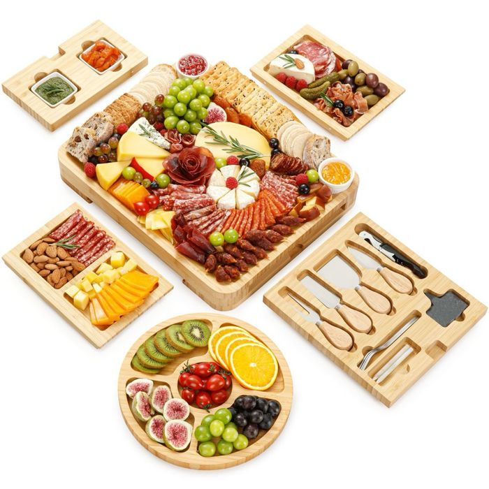 Set servire aperitive din bambus 23 piese charcuterie board mare cu accesorii