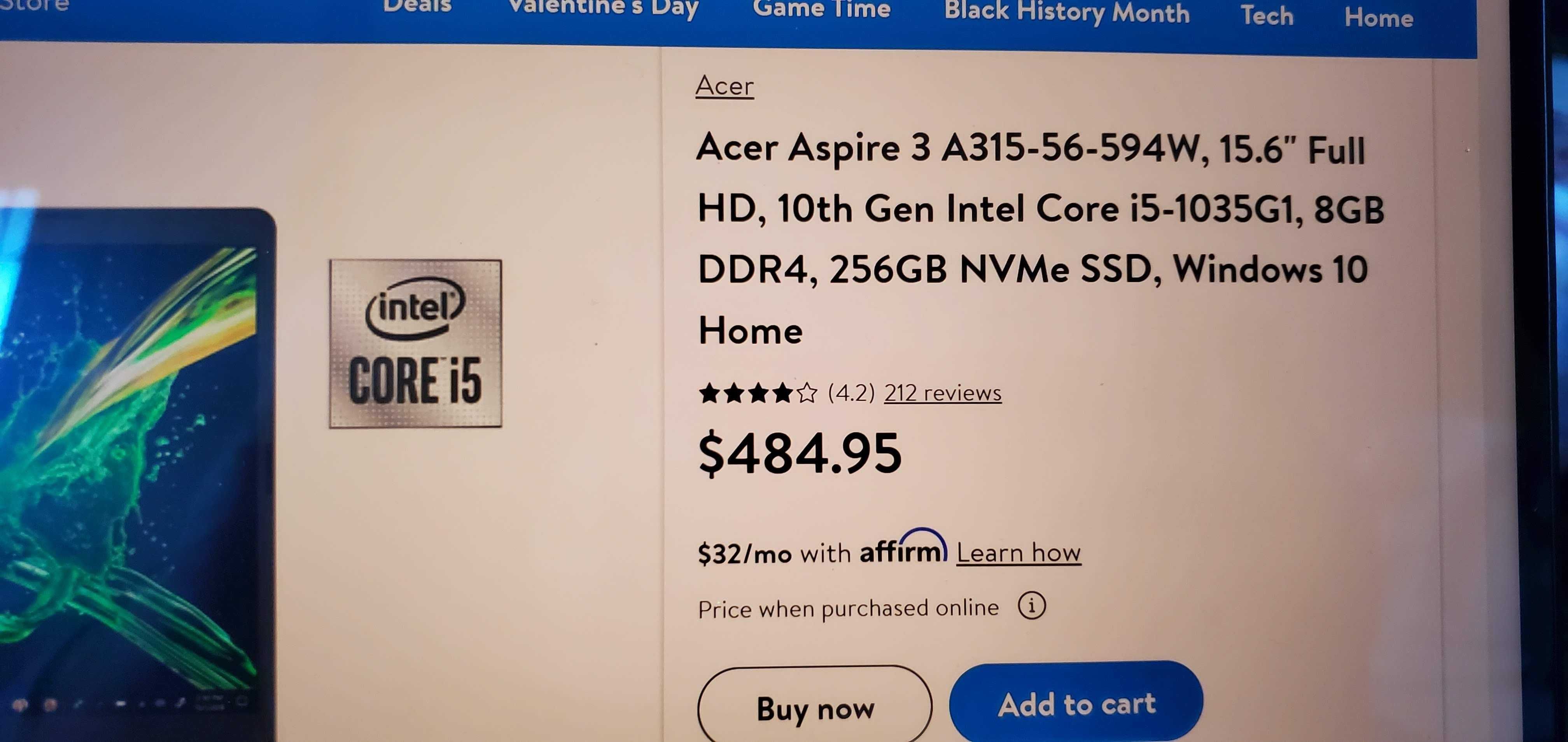 Acer Aspire 3 A315-56-594W, 15.6 Full HD, 10th Gen Intel Core i5-1035G1,  8GB DDR4, 256GB NVMe SSD, Windows 10 Home 