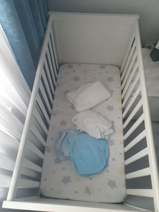 Patut Ikea SUNDVIK + saltea fibra cocos, ofer cearceaf/protectii salte