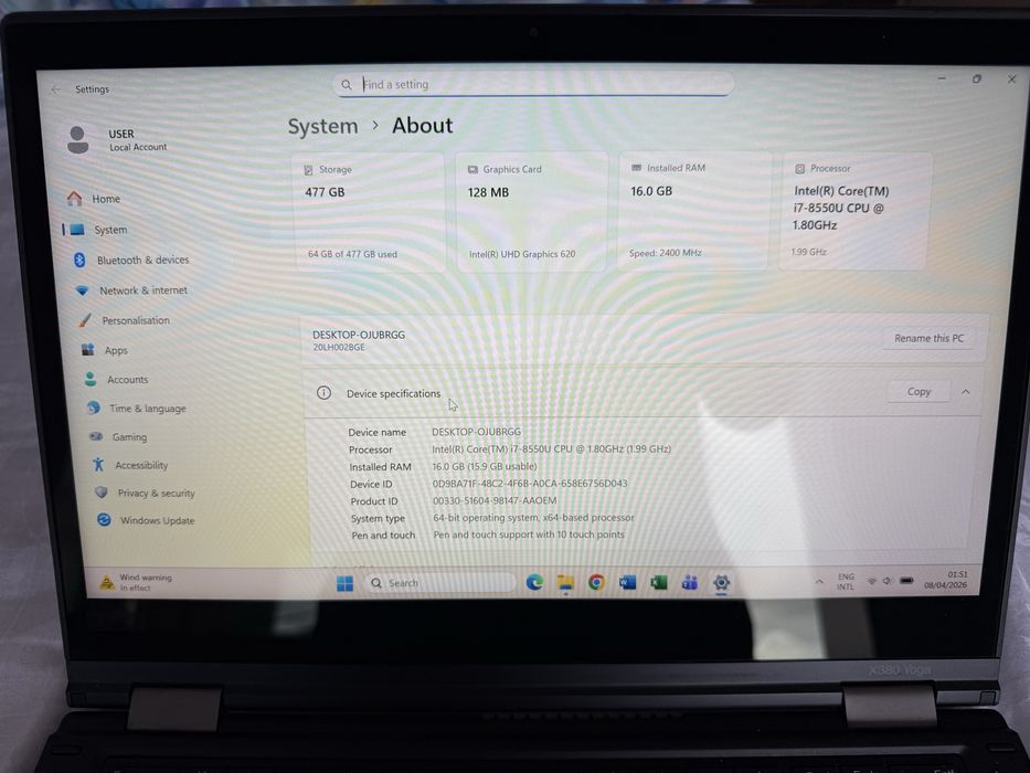 Lenovo ThinkPad X380 Yoga Touch I7-8550U 16Gb