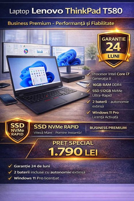 Laptop i7 16GB SSD 512GB 15.6” Lenovo ThinkPad T580 Garanție 2 Ani