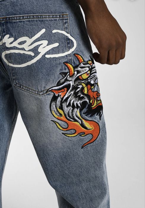 Ed Hardy men’s hell-cats tattoo graphic denim trousers jeans - bleach