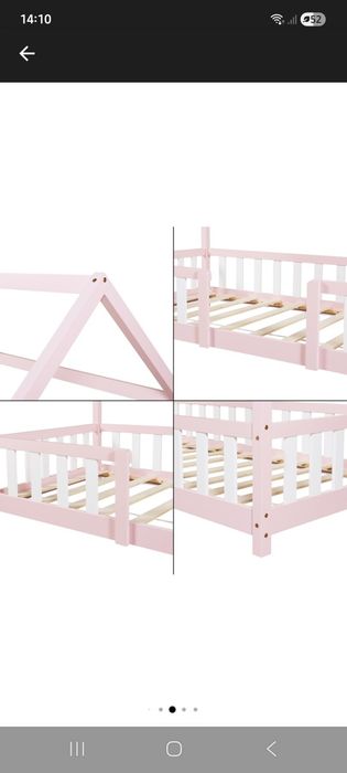 Pat cu saltea 90x200, căsuță, din lemn de brad, Montessori, roz