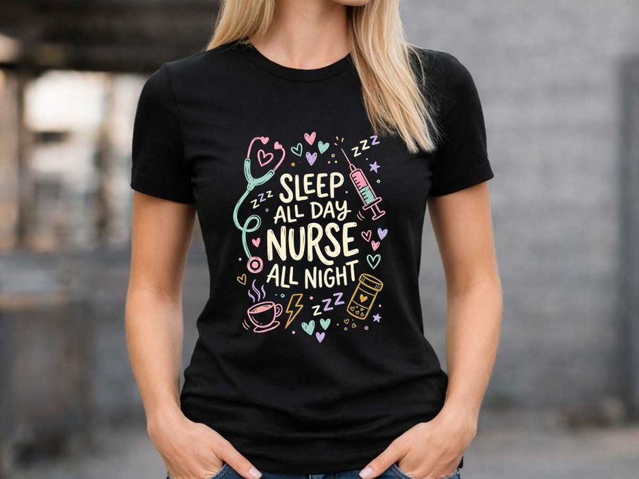 Дамска черна тениска „Sleep All Day, Nurse All Night“