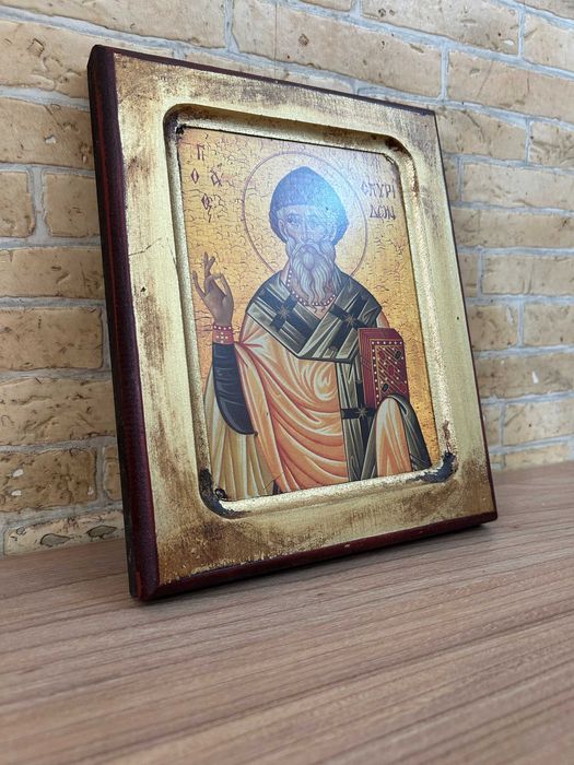 Icoană grecească Sfântul Spiridon pe lemn, cu certificat - Insula Eghina - Stare Foarte Buna