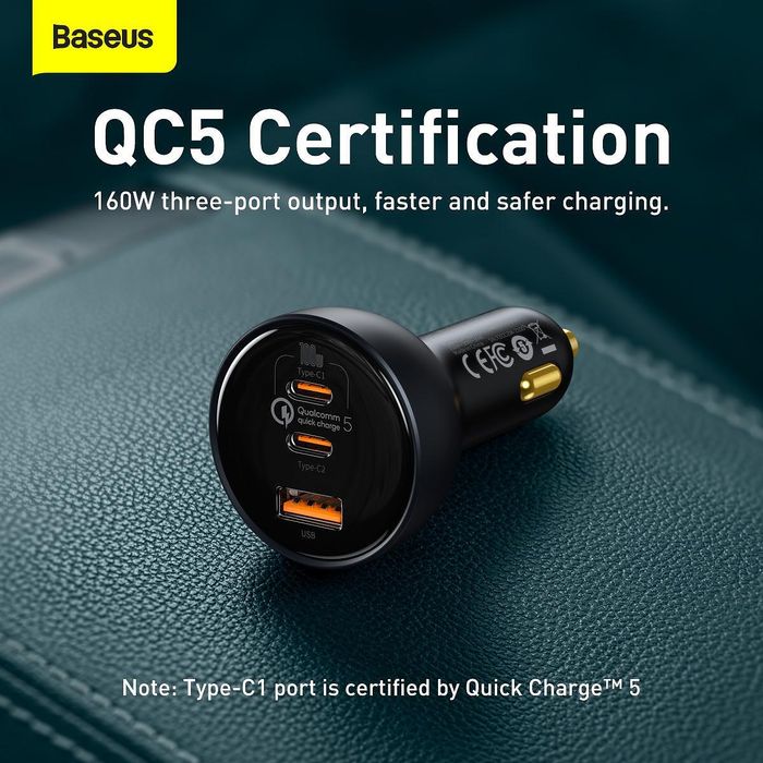 Зарядно за автомобил baseus usb + 2xtype c - qc5 pd 160w