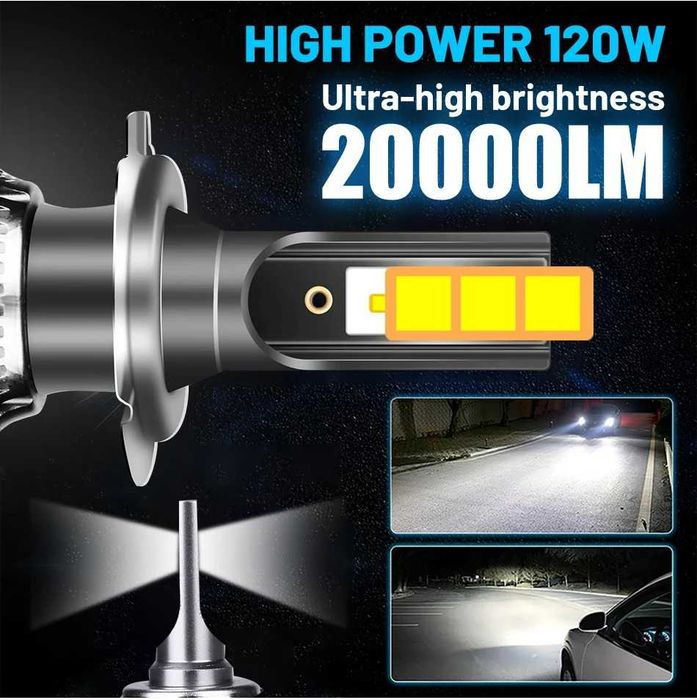 Лед крушки H4 120W, 6500K, 20000 лумена, супер мощни