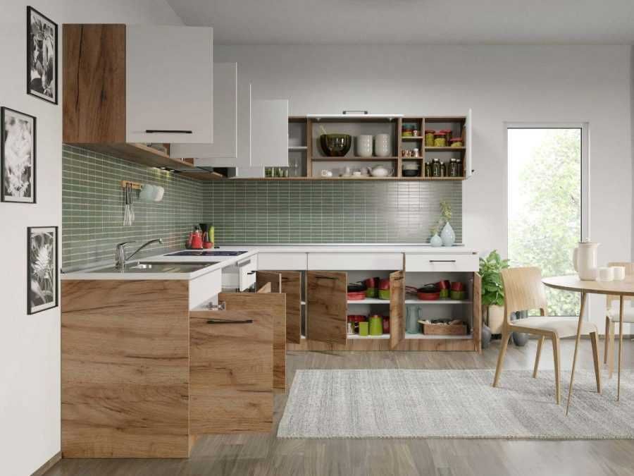 Set Mobila Bucatarie Colt Gastro 300*240 Alb/Stejar – C28