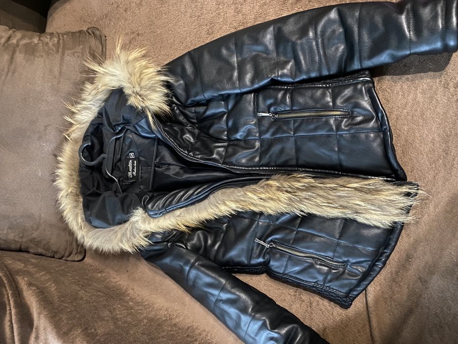 Зимно кожено яке с естествен пух