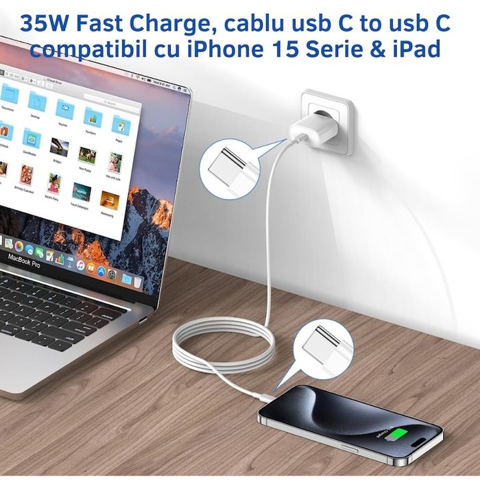 Зарядно 35W за iPhone 16 Pro супер бързо зареждане адаптер и кабел