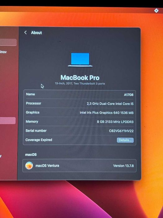 MacBook Pro 13-inch, 2017, Two Thunderbolt 3 ports, A1708