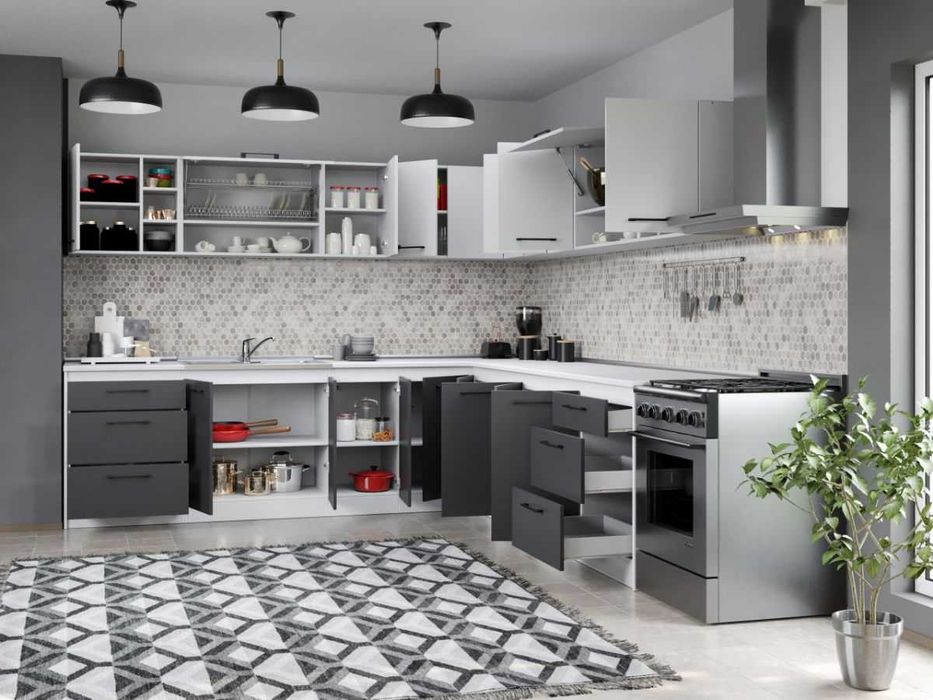 Set Mobila Bucatarie Colt Mina Dual 280*280 Gri Antracit/Alb C118