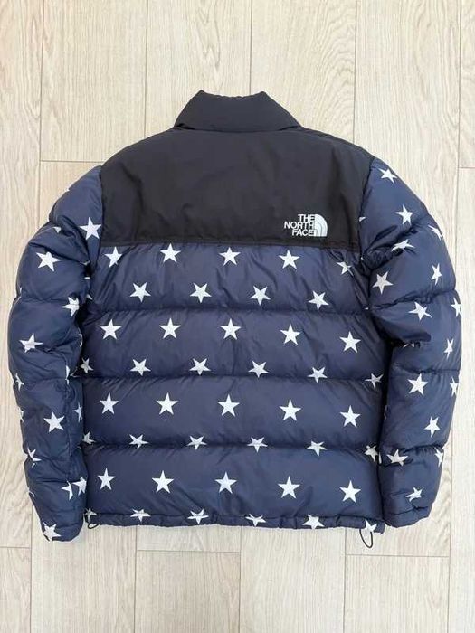The North Face USA Stars Print 700 Down Puffer Nuptse Jacket Navy Blue