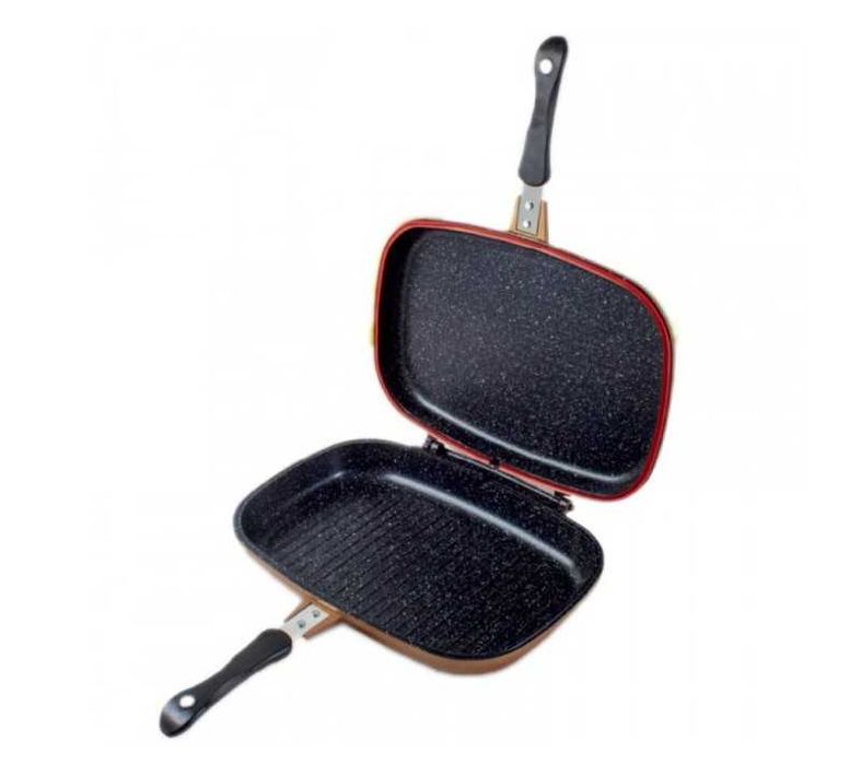 Tigaie grill dubla HomeVero HV-DP36M, 36 cm, Acoperire Marmura, Bronz