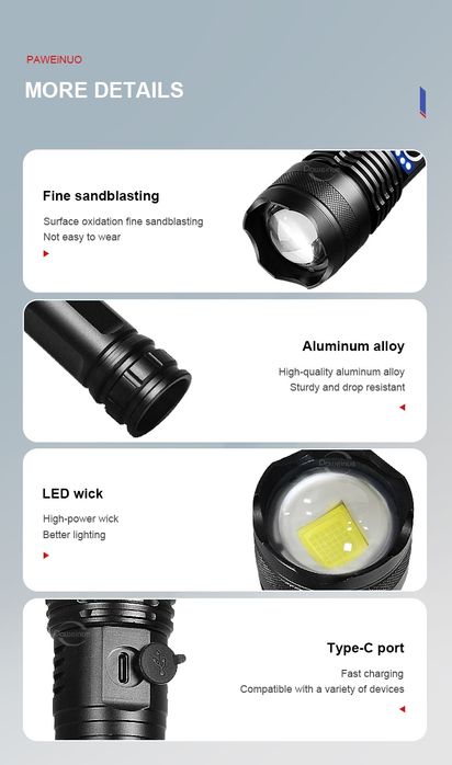 Lanternă led XHP 360, cu 2 acumulatori  26650. Încărcare USB C.  IPX6.