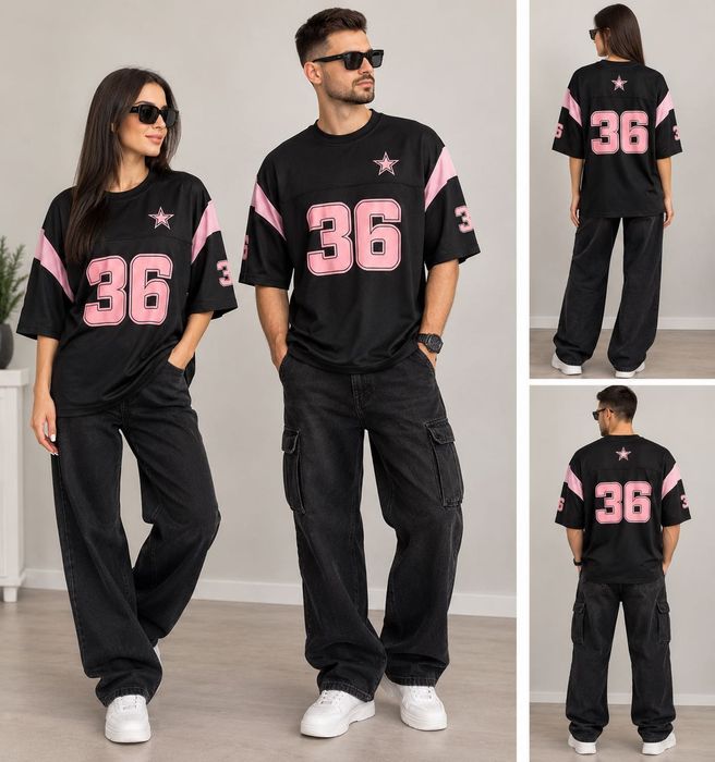 Спортна тениска FSBN Athletic Fit – черна с розово, размер L oversize/unisex