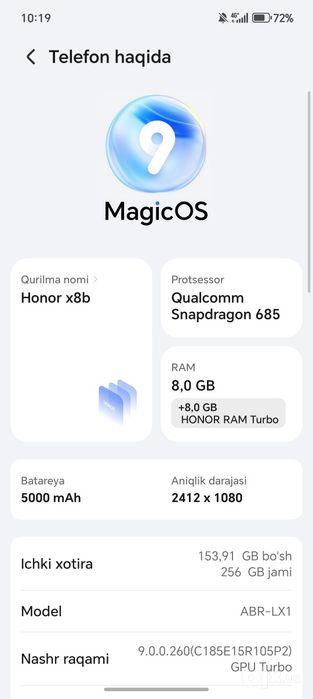 Honor x8b kafolati bilan