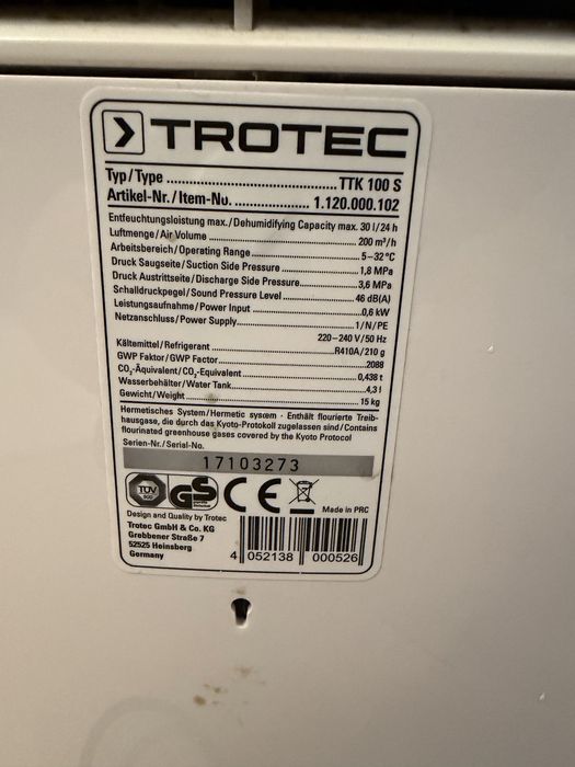 Dezumidificator TROTEC TTK100S 30l/24h 0,6kw 200m3 capacitate 4,3l 220