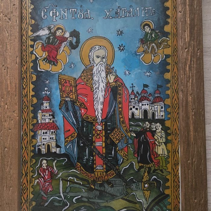 Icoană pe sticlă pictată manual-Sfântul  Haralambie-lucrare unicat
