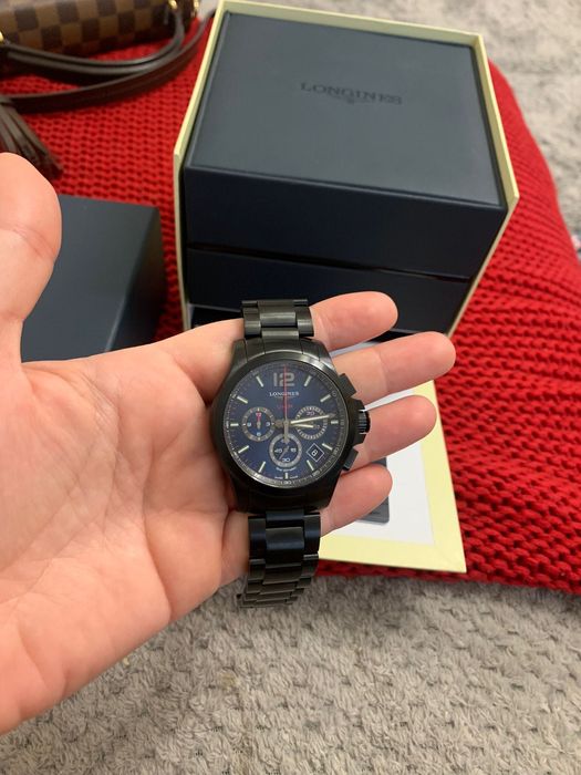 Longines Conquest V.H.P. Chronograph watch in black PVD with a blue.