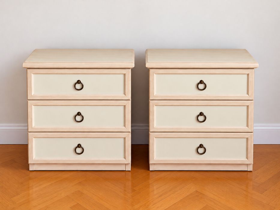 Set 2 noptiere cu 3 sertare, crem, mânere metalice