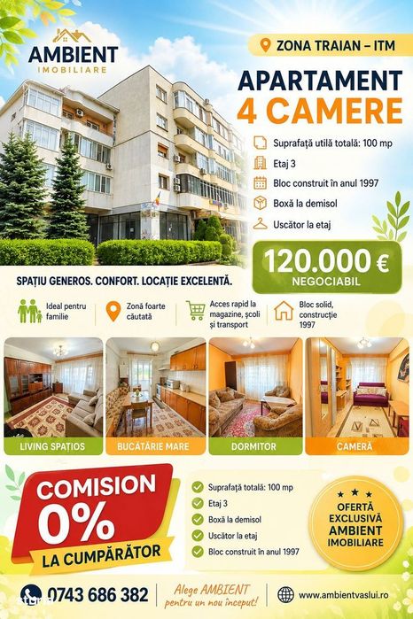 Apartament cu 4 camere, SC -133 mp, etaj 3, VASLUI - zona TRAIAN - ITM