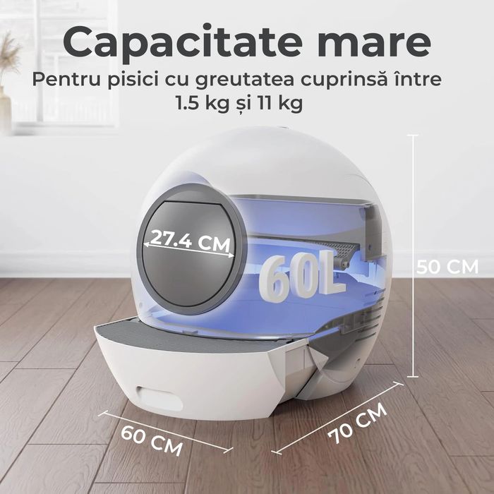 Litiera automata pentru pisica Fish & Paws,  functii de auto-curatare, eliminarea mirosurilor neplacute , aplicatie mobila, la achizitii Alb cu Gri