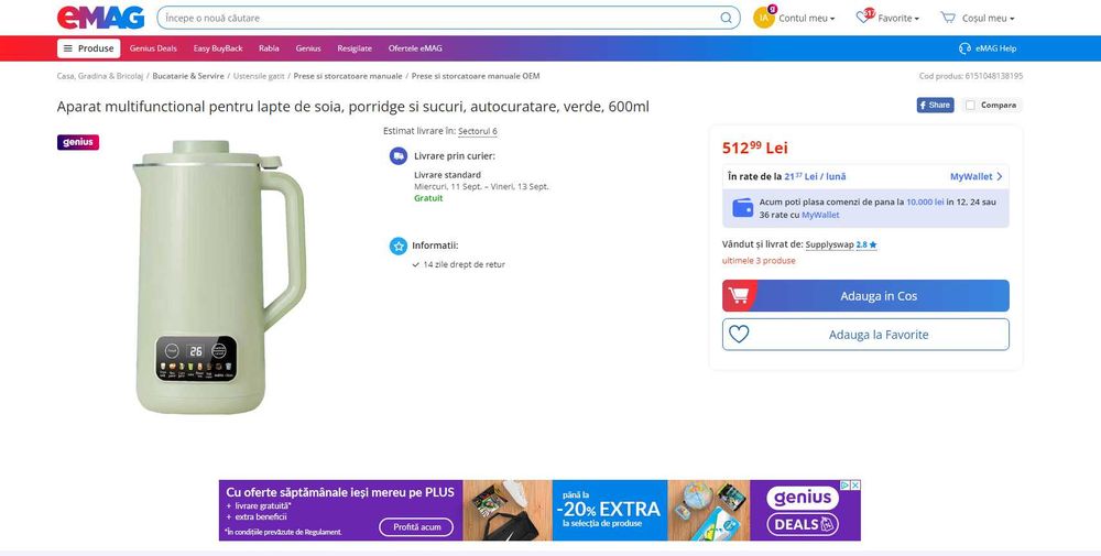 REDUS de la 520 RON, Aparat multifunction preparare lapte VEGETAL soia/migdale/nuci/ovaz , functie auto curatare