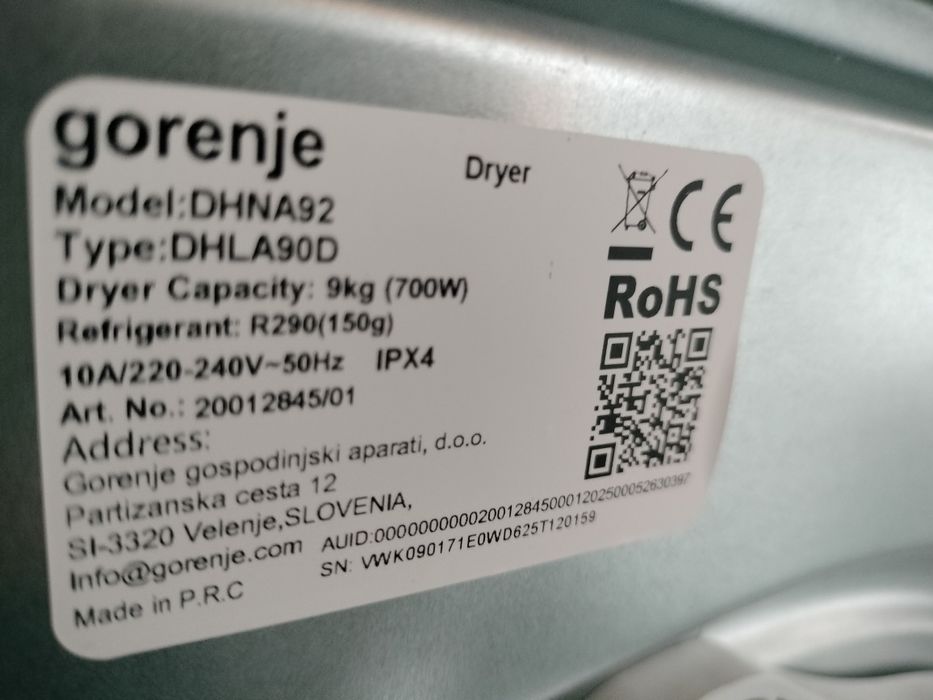 Uscător Gorenje 9kg A+ cu pompa de caldura