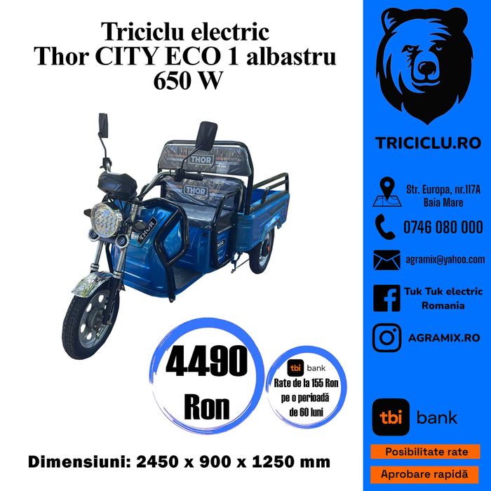 Triciclu electric verde Green Army Thor City Eco Blue Sky Red Agramix