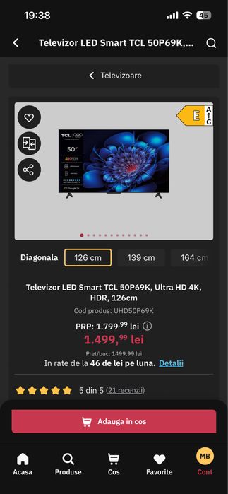 Vand Smart tv TCL 50” nou