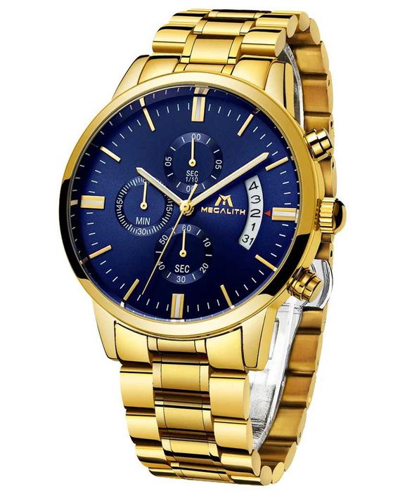 Ceas MEGALITH Bărbați 45mm Cronograf Quartz, Albastru-Auriu
