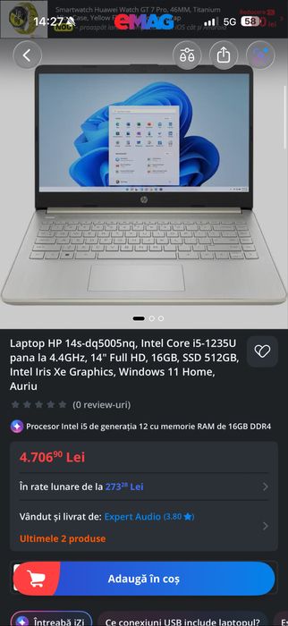 Laptop HP 14s-dq5005nq, Intel Core i5-1235U pana la 4.4GHz, 14" Full HD, 16GB, SSD 512GB, Intel Iris Xe Graphics, Windows 11 Home, Auriu - SIGILAT NOU