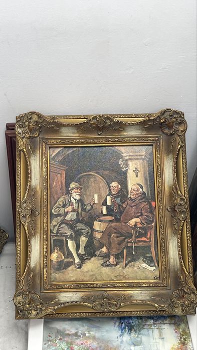 Tablou vintage cu ramă aurie sculptată – scenă rustică deosebită