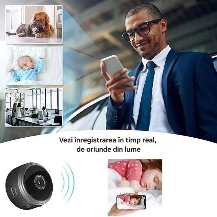 Mini cameră de supraveghere WiFi. Audio/Video.Magnetică.Bază Rotativă