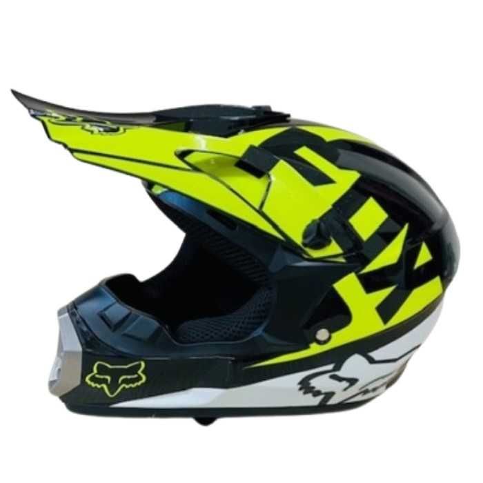 Кросова каска, за мотор, Атв, Вело, Гланц черен-бял с неон