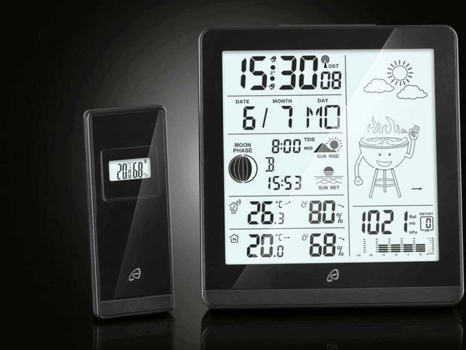 STATIE METEO interior exterior, complexa, multiple functii, cu ceas; pentru perete sau masa, noptiera; noua sigilata realizat in Germania; PERFORMANTA