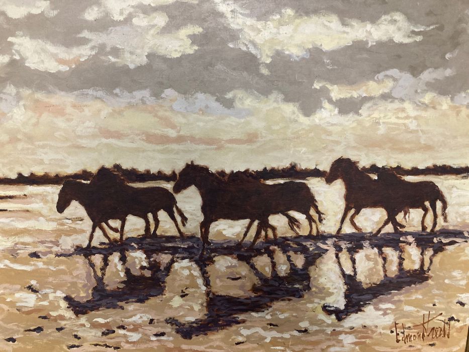 Tablou deosebit în ulei pe pânză „Cai în alergare” – Edmond Kroth, 92x92 cm (ramă de epocă)